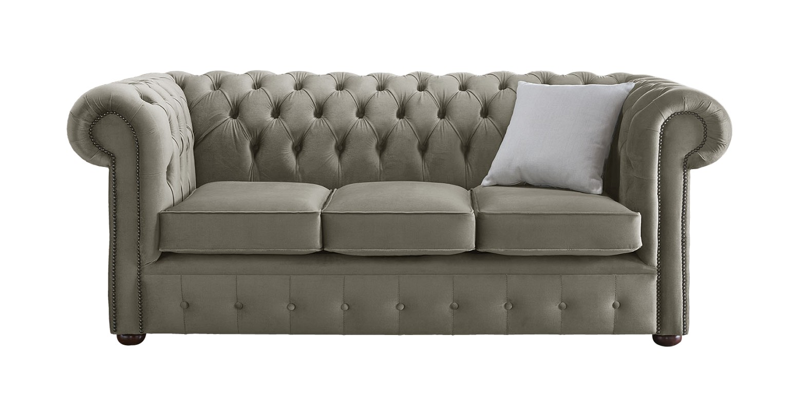 Product photograph of Chesterfield 3 Seater Malta Putty Beige Velvet Fabric Sofa In Classic Style from Chesterfield Sofas