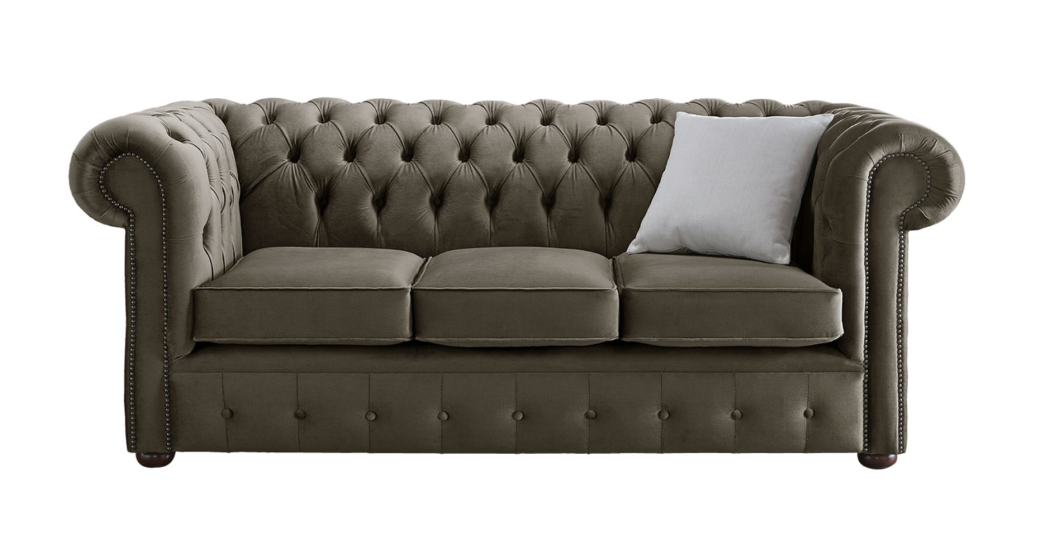 Product photograph of Chesterfield 3 Seater Malta Taupe Beige Velvet Fabric Sofa In Classic Style from Chesterfield Sofas