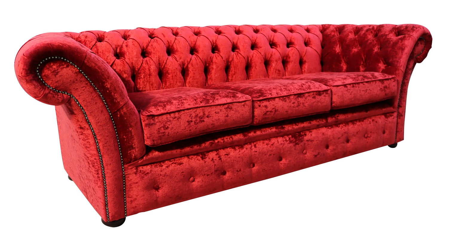 Product photograph of Chesterfield 3 Seater Modena Pillarbox Red Velvet Sofa In Balmoral Style from Chesterfield Sofas.