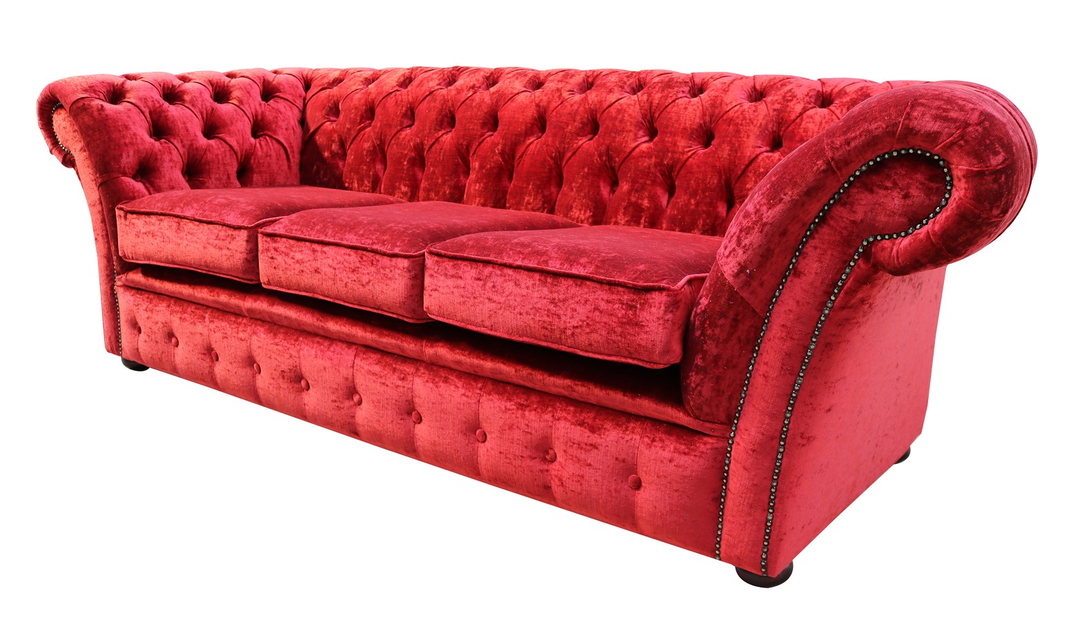 Product photograph of Chesterfield 3 Seater Modena Pillarbox Red Velvet Sofa In Balmoral Style from Chesterfield Sofas.