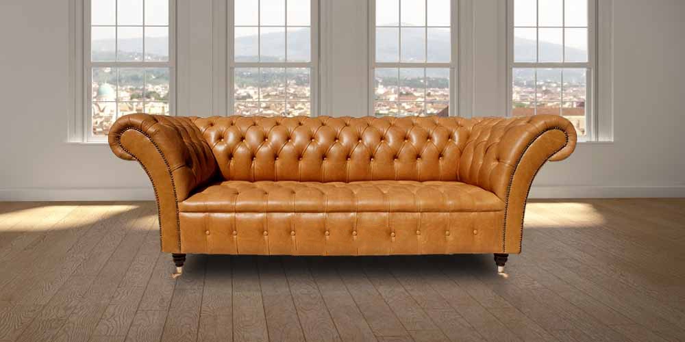Product photograph of Chesterfield 3 Seater Old English Buckskin Leather Buttoned Seat Sofa In Balmoral Style from Chesterfield Sofas