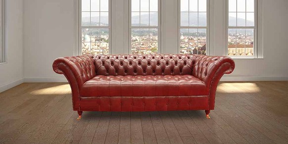 Product photograph of Chesterfield 3 Seater Old English Chestnut Leather Buttoned Seat Sofa In Balmoral Style from Chesterfield Sofas