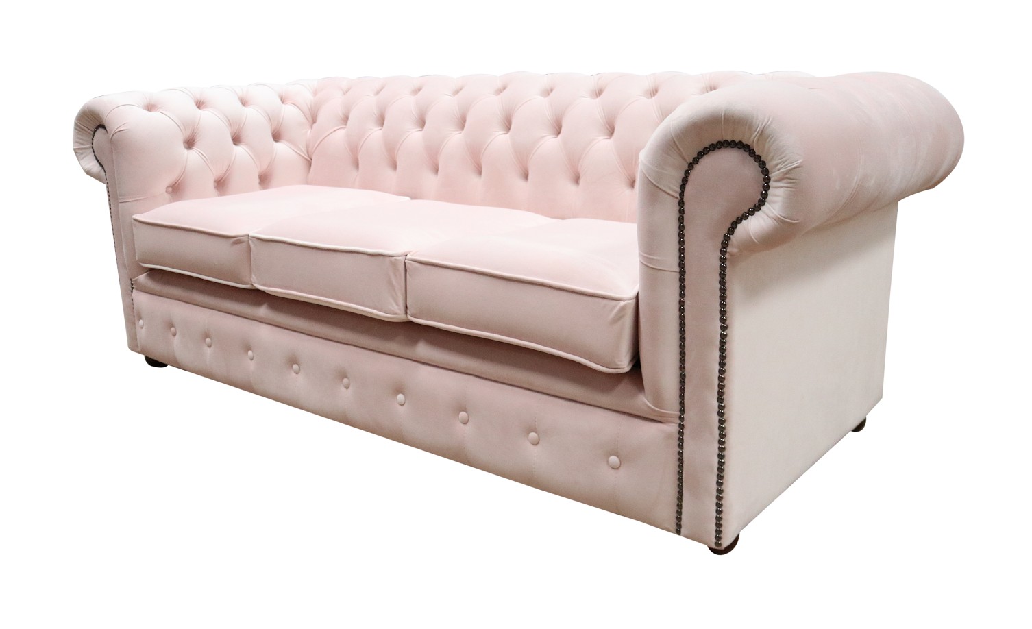 Product photograph of Chesterfield 3 Seater Passion Powder Pink Velvet Fabric Sofa In Classic Style from Chesterfield Sofas.