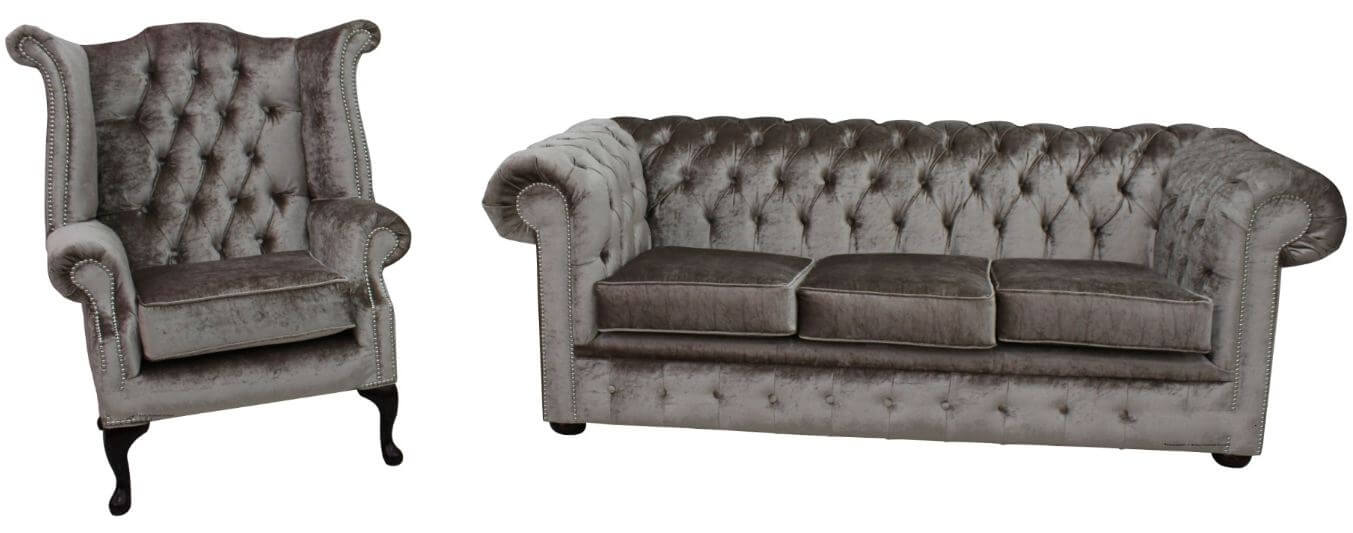 Product photograph of Chesterfield 3 Seater Queen Anne Chair Boutique Beige Velvet Fabric Sofa Suite from Chesterfield Sofas