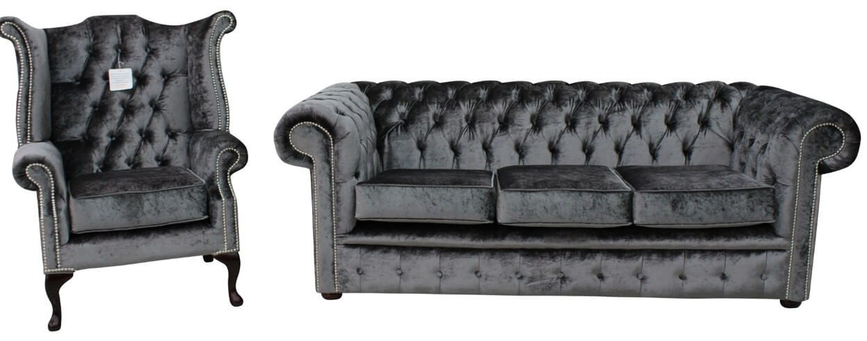 Product photograph of Chesterfield 3 Seater Queen Anne Chair Boutique Storm Black Velvet Fabric Sofa Suite from Chesterfield Sofas