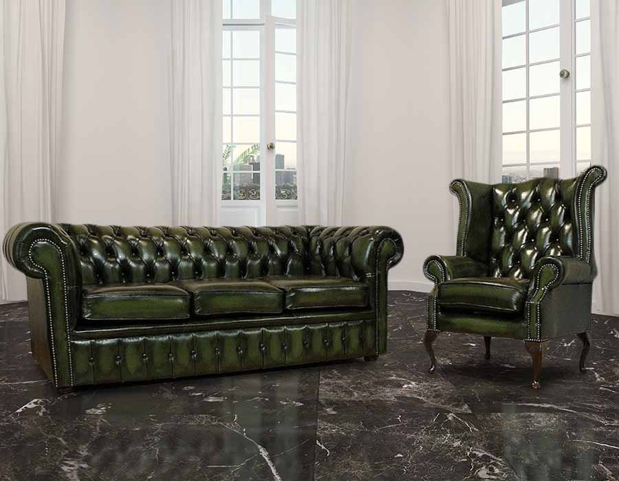 Product photograph of Chesterfield 3 Seater Queen Anne Wing Chair Sofa Suite In Antique Green Leather from Chesterfield Sofas