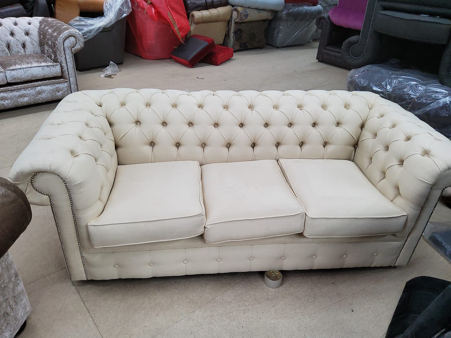 Product photograph of Chesterfield 3 Seater Sofa Settee Charles Cream Linen Fabric In Classic Style from Chesterfield Sofas.