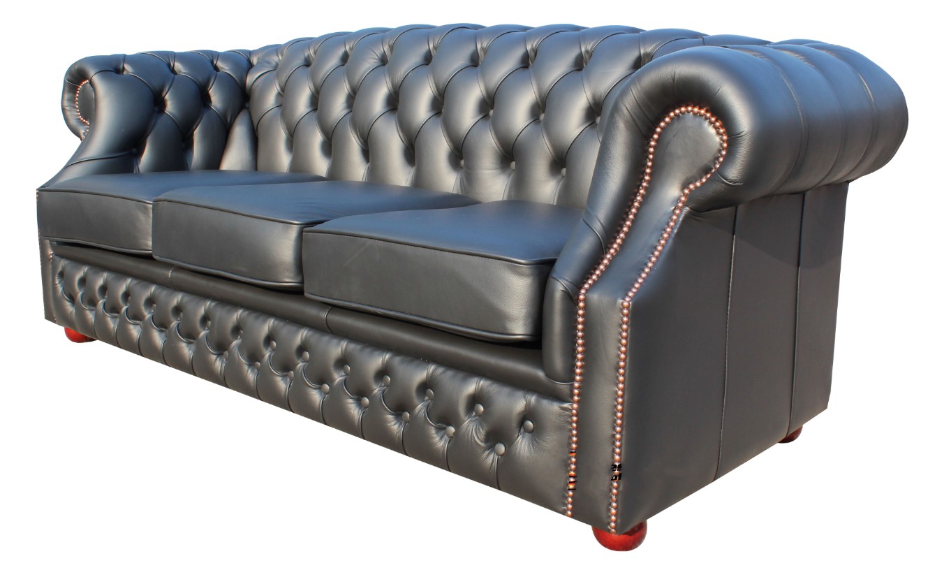 Product photograph of Chesterfield 3 Seater Shelly Black Leather Sofa Bespoke In Buckingham Style from Chesterfield Sofas.