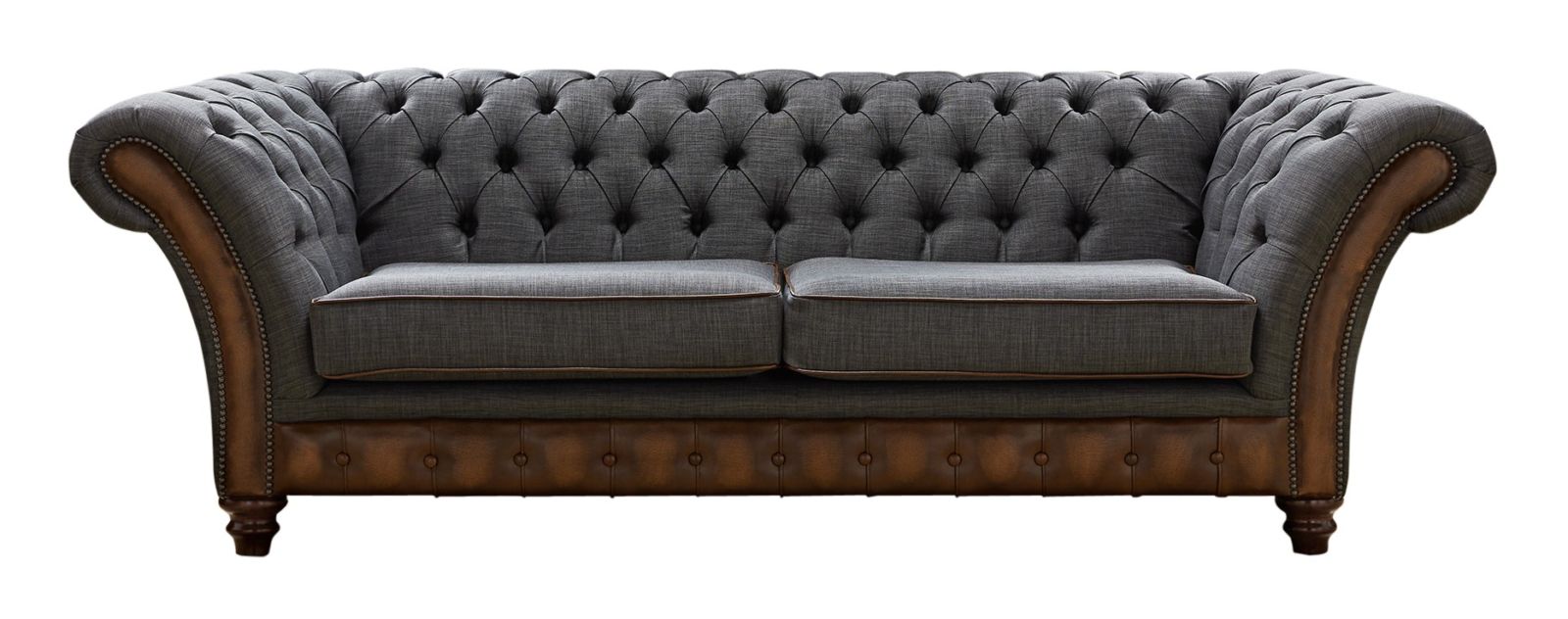 Product photograph of Chesterfield 3 Seater Sofa Antique Autumn Tan Leather Marinello Pewter Fabric In Jepson Style from Chesterfield Sofas