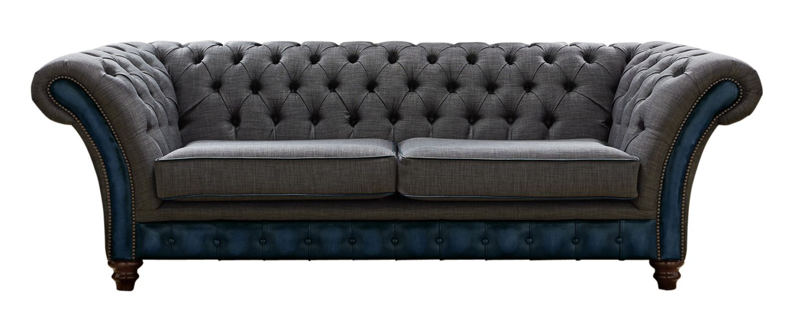 Product photograph of Chesterfield 3 Seater Sofa Antique Blue Leather Marinello Pewter Fabric In Jepson Style from Chesterfield Sofas