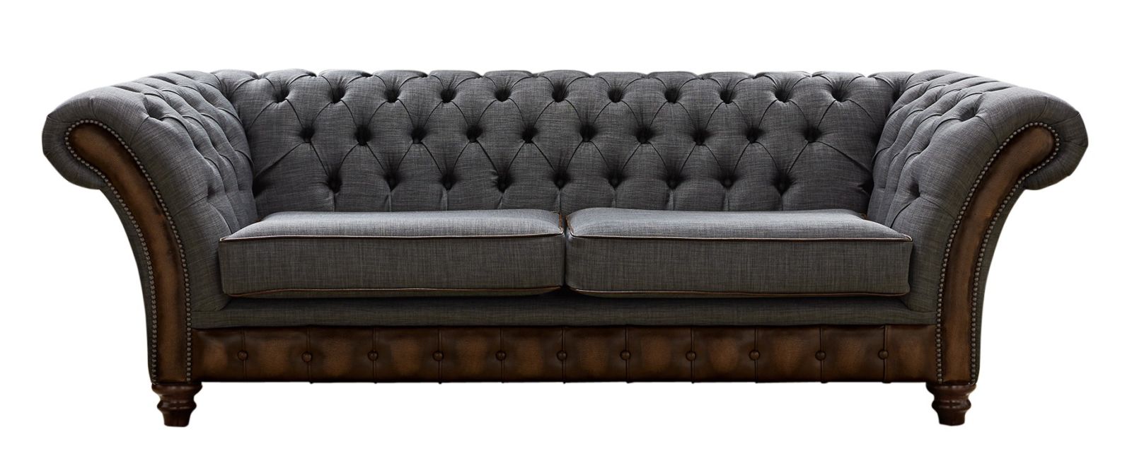 Product photograph of Chesterfield 3 Seater Sofa Antique Brown Leather Marinello Pewter Fabric In Jepson Style from Chesterfield Sofas