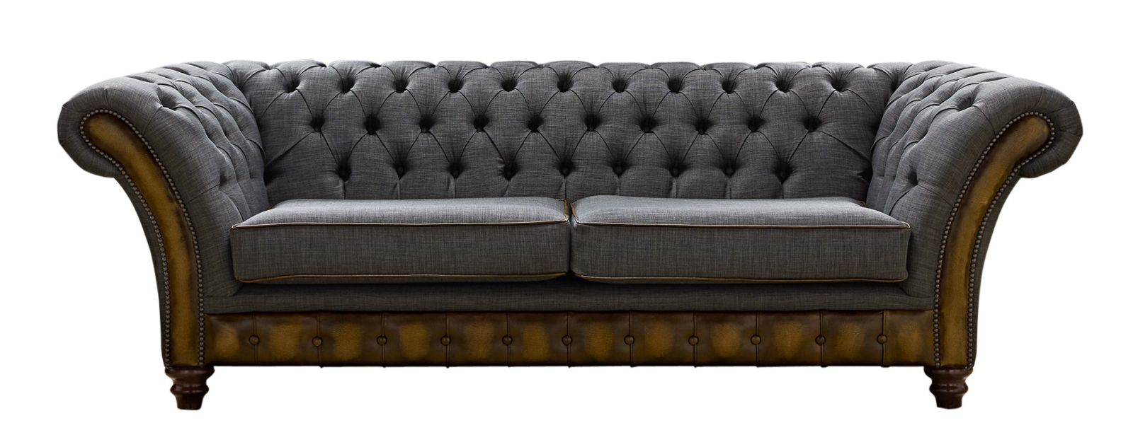 Product photograph of Chesterfield 3 Seater Sofa Antique Gold Leather Marinello Pewter Fabric In Jepson Style from Chesterfield Sofas