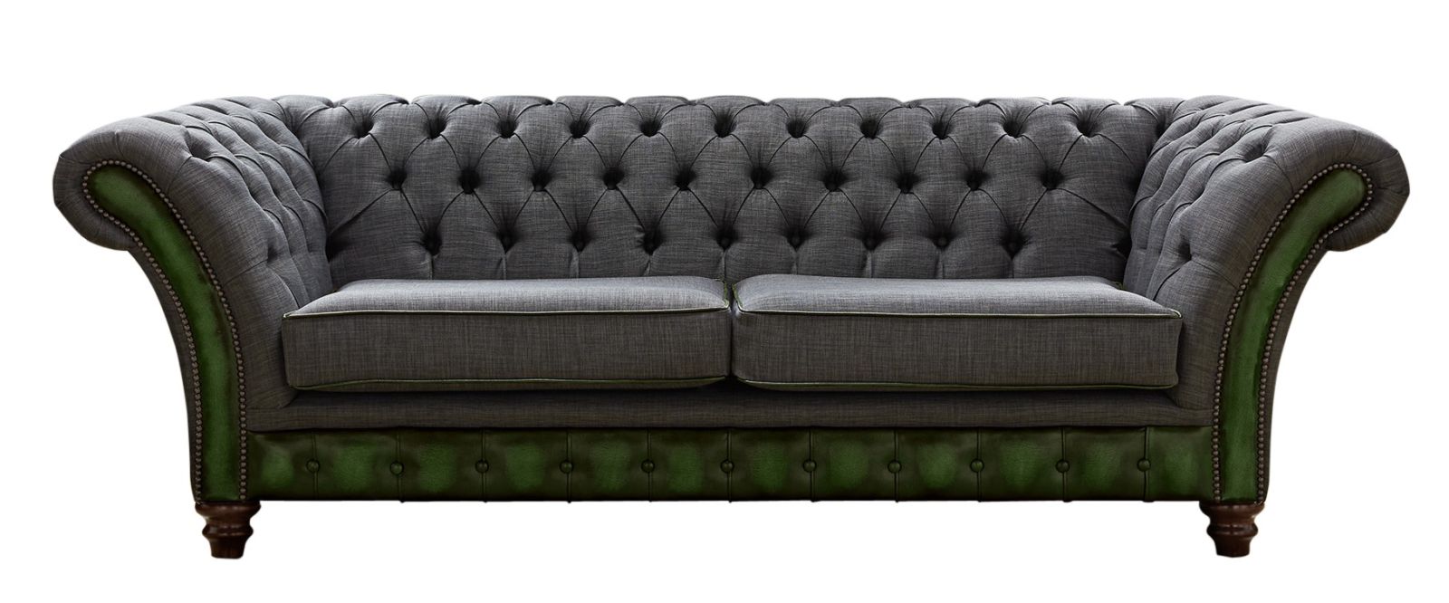 Product photograph of Chesterfield 3 Seater Sofa Antique Green Leather Marinello Pewter Fabric In Jepson Style from Chesterfield Sofas