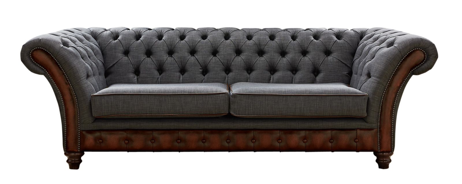 Product photograph of Chesterfield 3 Seater Sofa Antique Light Rust Leather Marinello Pewter Fabric In Jepson Style from Chesterfield Sofas