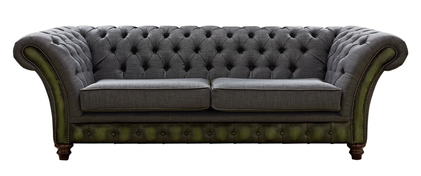 Product photograph of Chesterfield 3 Seater Sofa Antique Olive Leather Marinello Pewter Fabric In Jepson Style from Chesterfield Sofas