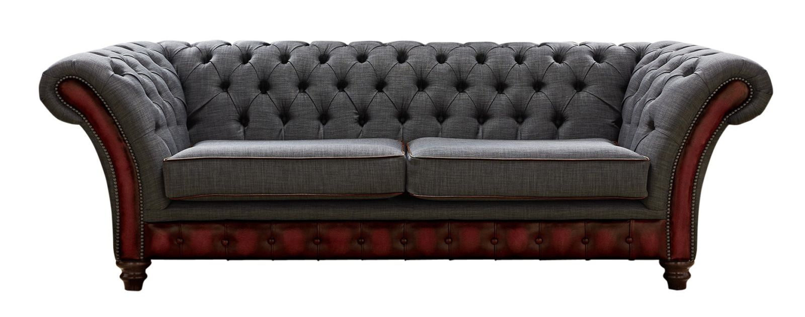 Product photograph of Chesterfield 3 Seater Sofa Antique Oxblood Leather Marinello Pewter Fabric In Jepson Style from Chesterfield Sofas