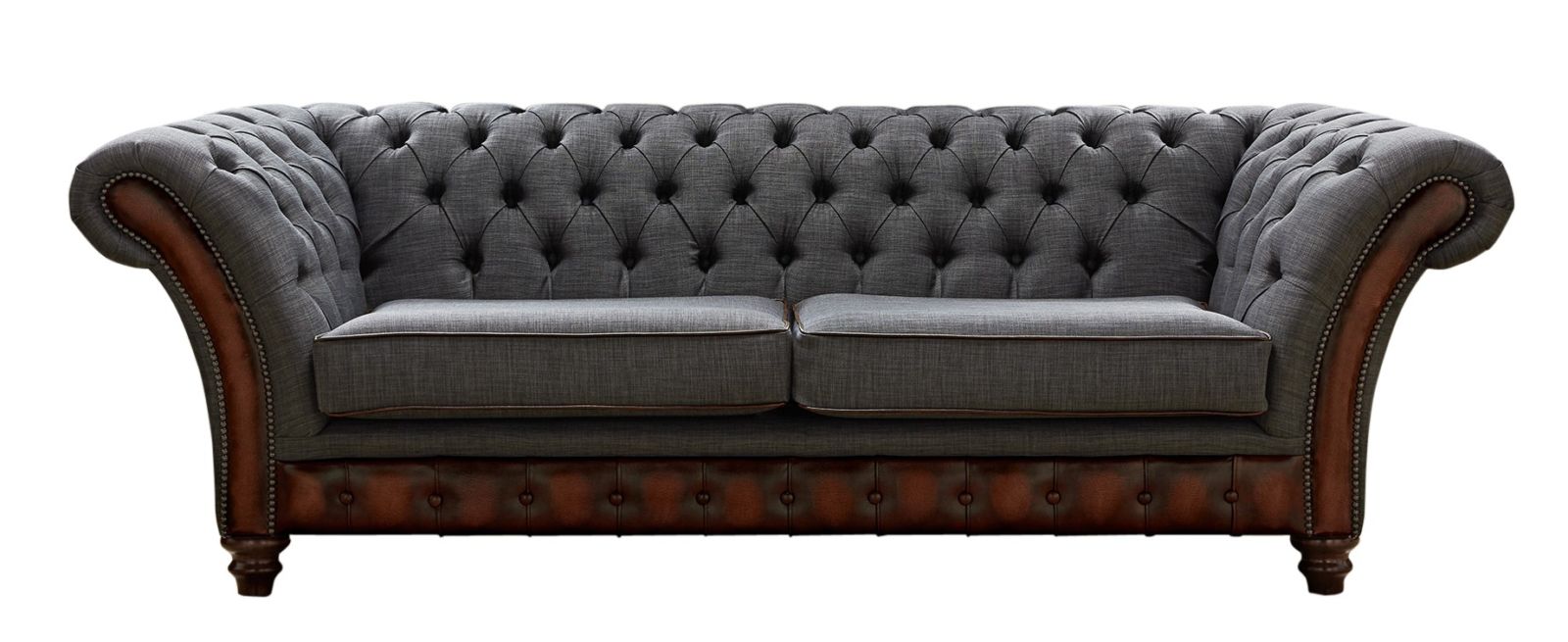 Product photograph of Chesterfield 3 Seater Sofa Antique Rust Leather Marinello Pewter Fabric In Jepson Style from Chesterfield Sofas