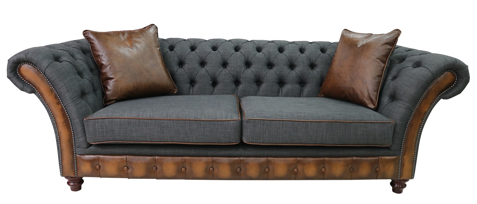 Product photograph of Chesterfield 3 Seater Sofa Antique Tan Leather Marinello Pewter Fabric In Jepson Style from Chesterfield Sofas