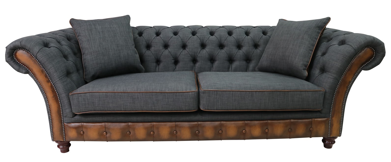 Product photograph of Chesterfield 3 Seater Sofa Antique Tan Leather Marinello Pewter Fabric In Jepson Style from Chesterfield Sofas.
