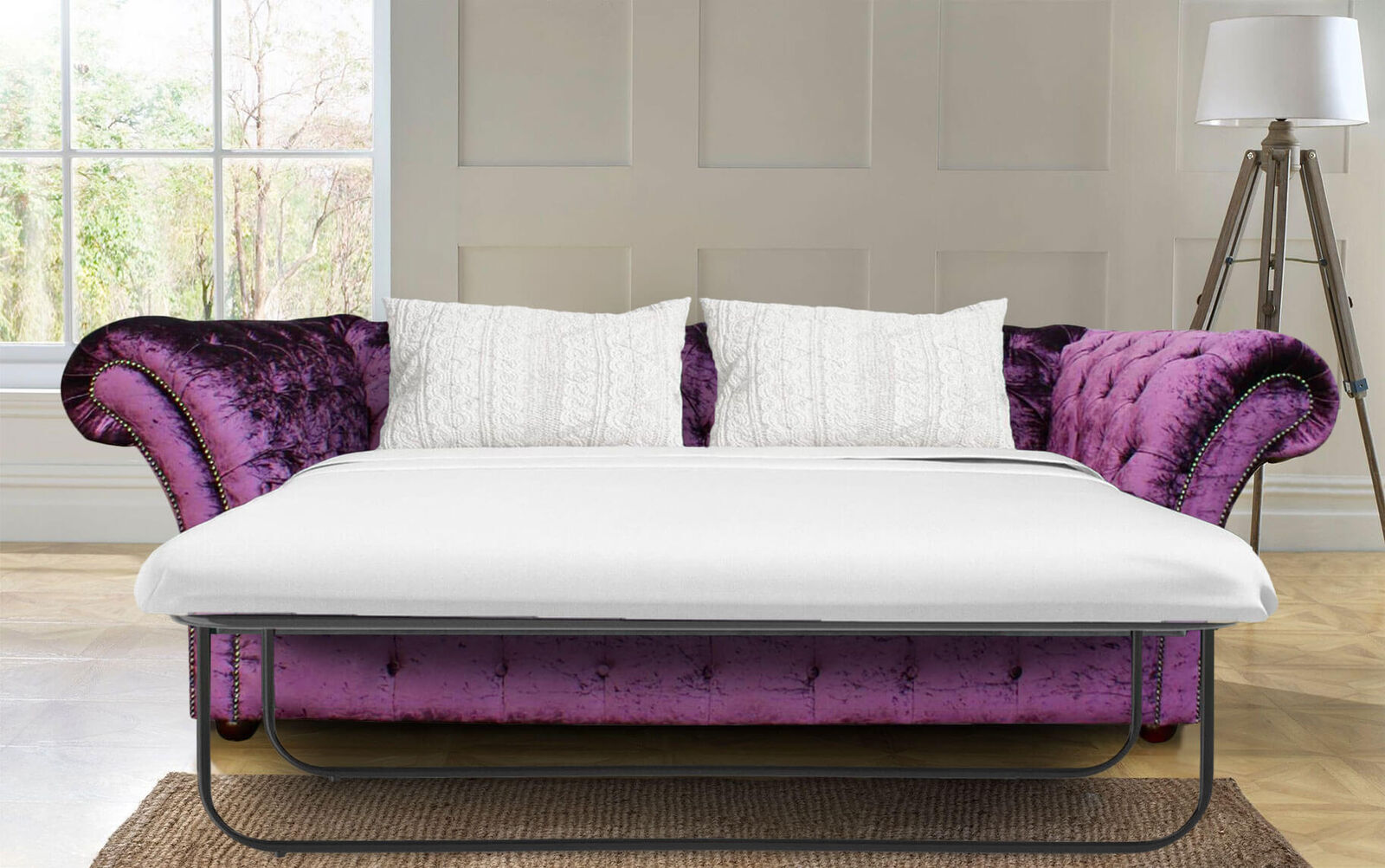 Product photograph of Chesterfield 3 Seater Sofa Bed Boutique Crush Purple Velvet Fabric In Balmoral Style from Chesterfield Sofas