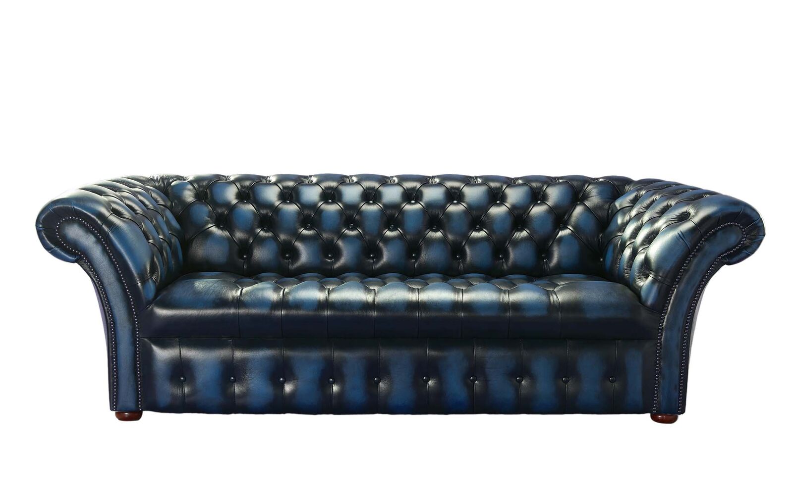 Product photograph of Chesterfield 3 Seater Sofa Buttoned Seat Antique Blue Leather In Balmoral Style from Chesterfield Sofas