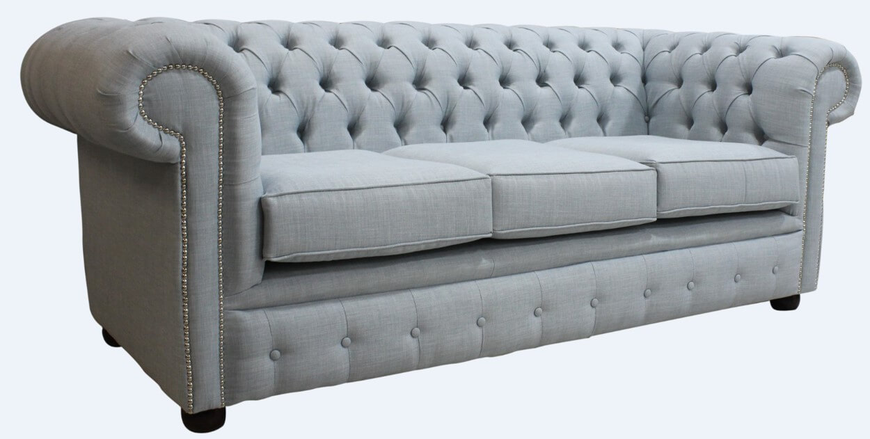Product photograph of Chesterfield 3 Seater Sofa Charles Sky Blue Linen Fabric In Classic Style from Chesterfield Sofas.