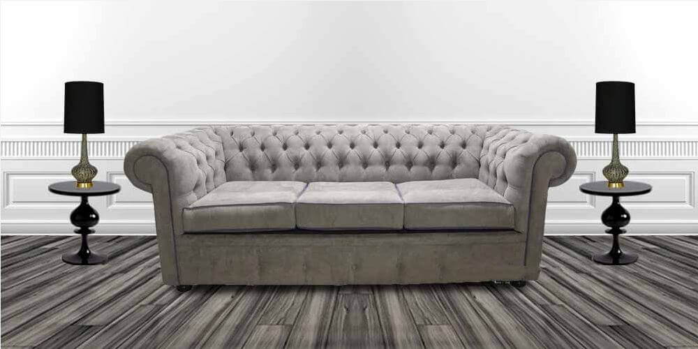Product photograph of Chesterfield 3 Seater Sofa Kimora Grey With Blue Piping Fabric In Classic Style from Chesterfield Sofas