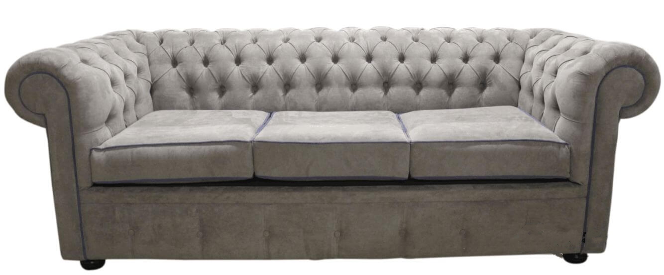 Product photograph of Chesterfield 3 Seater Sofa Kimora Grey With Blue Piping Fabric In Classic Style from Chesterfield Sofas.