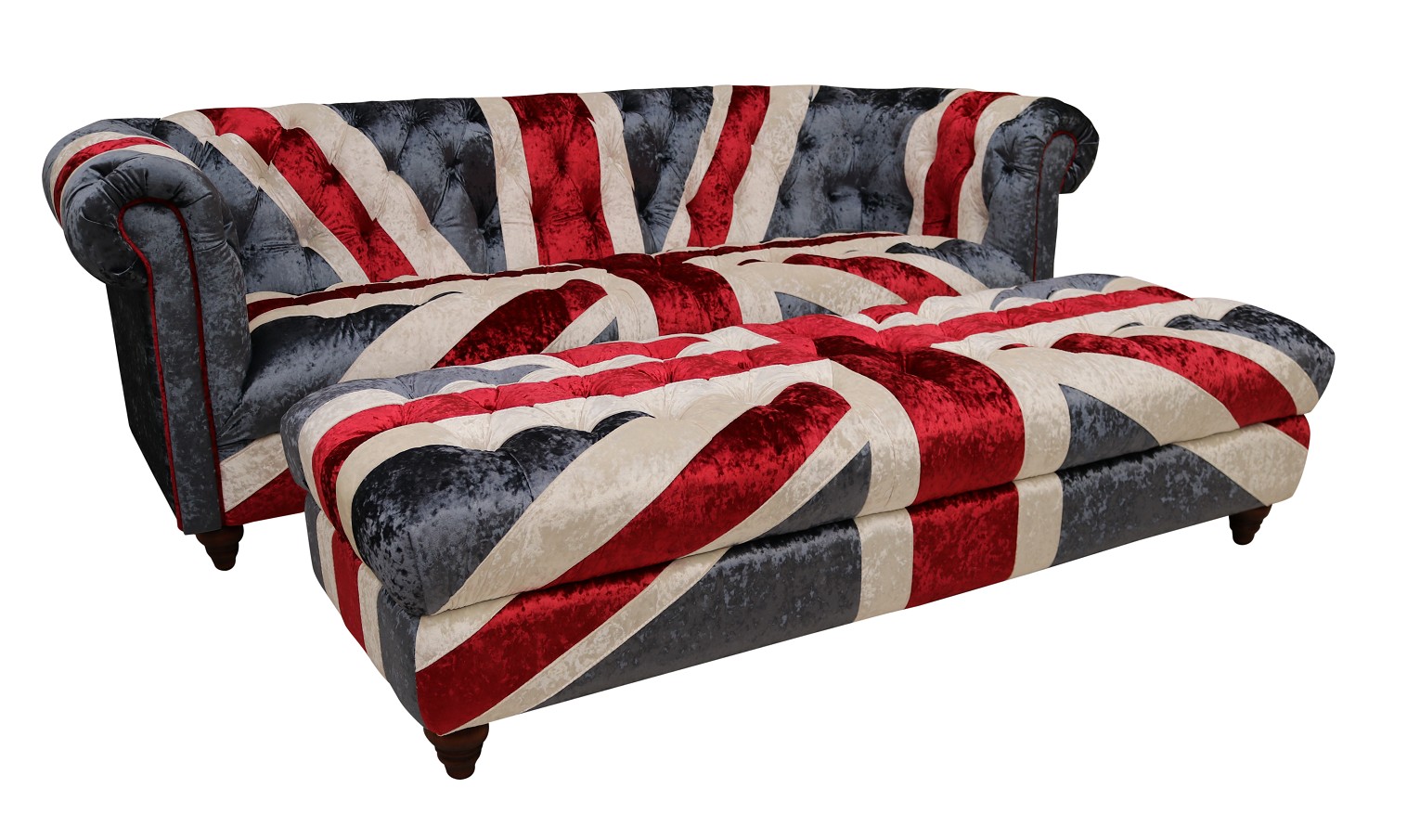 Product photograph of Chesterfield 3 Seater Sofa Plush Velvet With Matching Footstool In Union Jack Style from Chesterfield Sofas