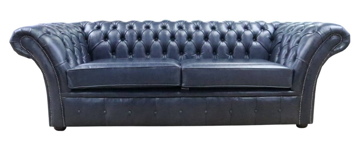 Product photograph of Chesterfield 3 Seater Sofa Settee Old English Ocean Blue Leather In Balmoral Style from Chesterfield Sofas