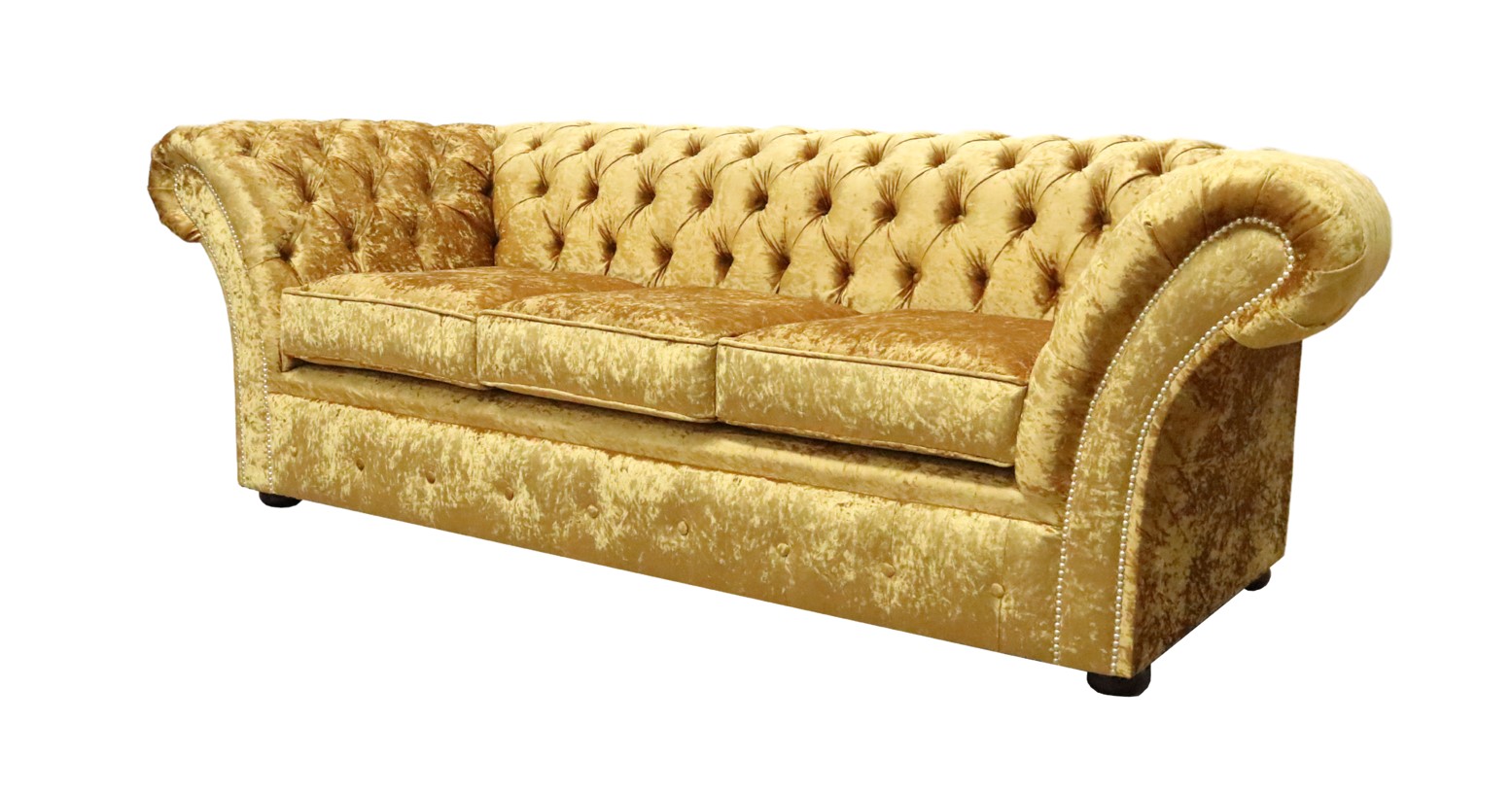 Product photograph of Chesterfield 3 Seater Sofa Settee Shimmer Gold Velvet Fabric In Balmoral Style from Chesterfield Sofas.