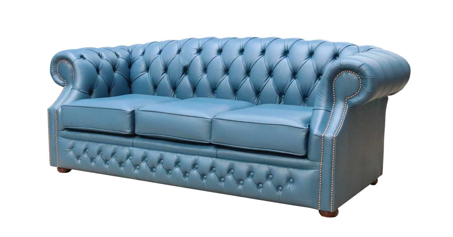 Product photograph of Chesterfield 3 Seater Sofa Shelly Majolica Blue Leather In Buckingham Style from Chesterfield Sofas.