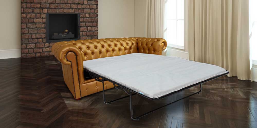 Product photograph of Chesterfield 3 Seater Sofabed Batani Gold Real Faux Leather In Classic Style from Chesterfield Sofas
