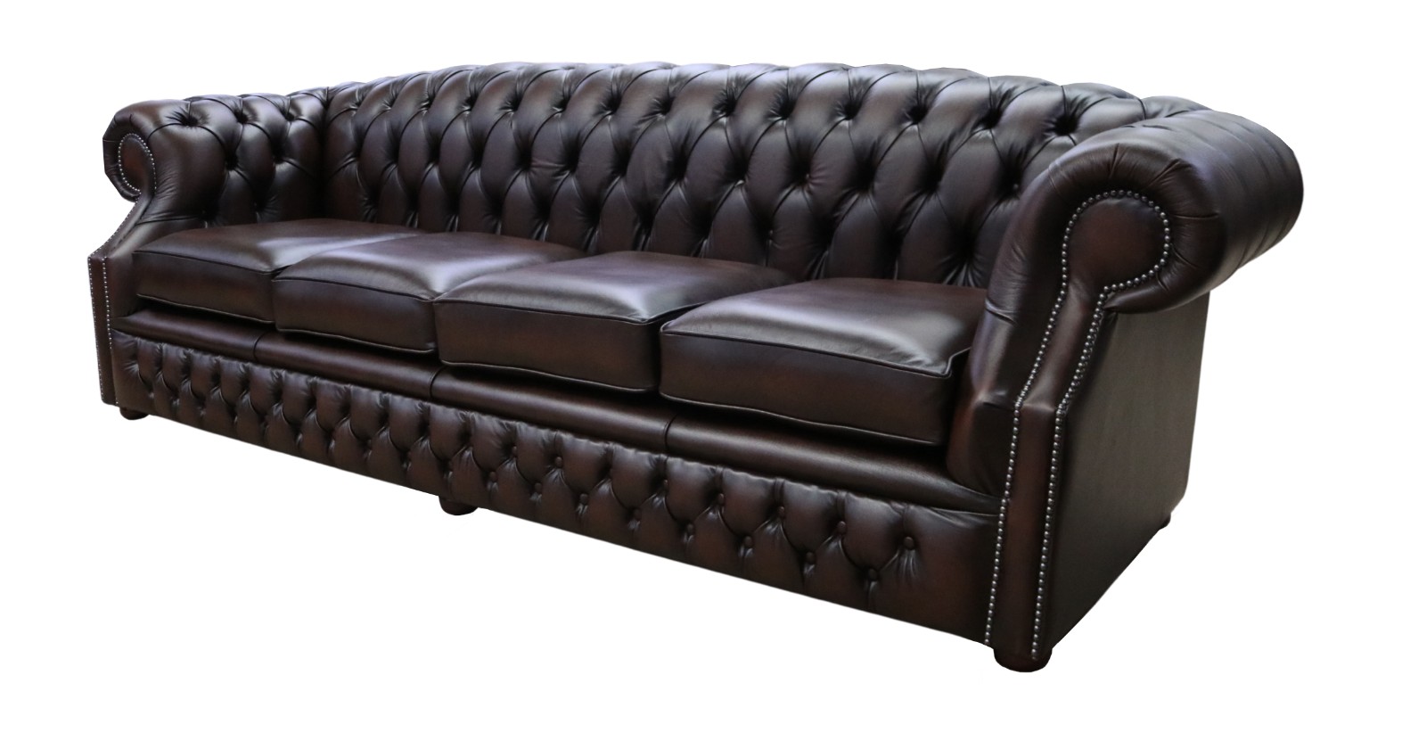 Product photograph of Chesterfield 4 Seater Antique Brown Leather Sofa Custom Made In Buckingham Style from Chesterfield Sofas.