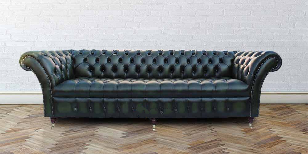 Product photograph of Chesterfield 4 Seater Antique Green Leather Buttoned Seat Sofa In Balmoral Style from Chesterfield Sofas