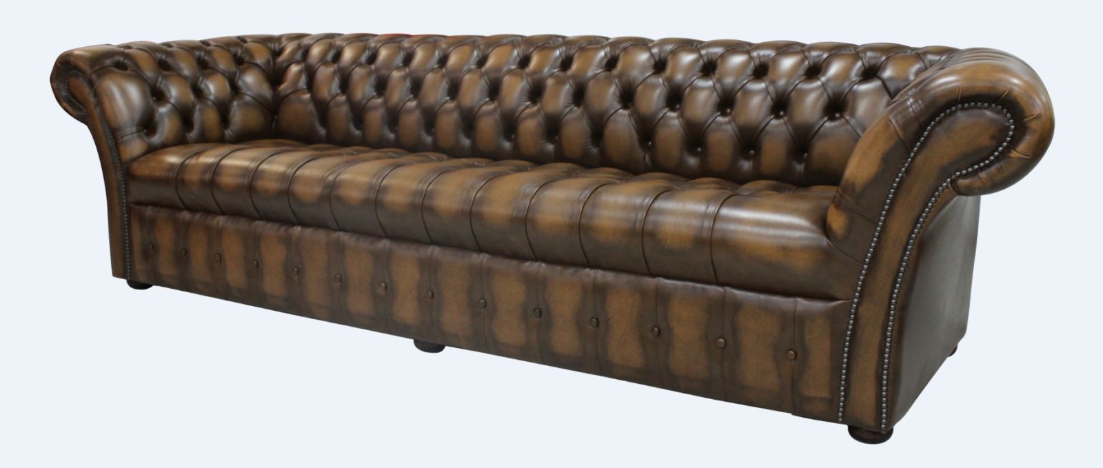 Product photograph of Chesterfield 4 Seater Antique Tan Leather Buttoned Seat Sofa In Balmoral Style from Chesterfield Sofas.