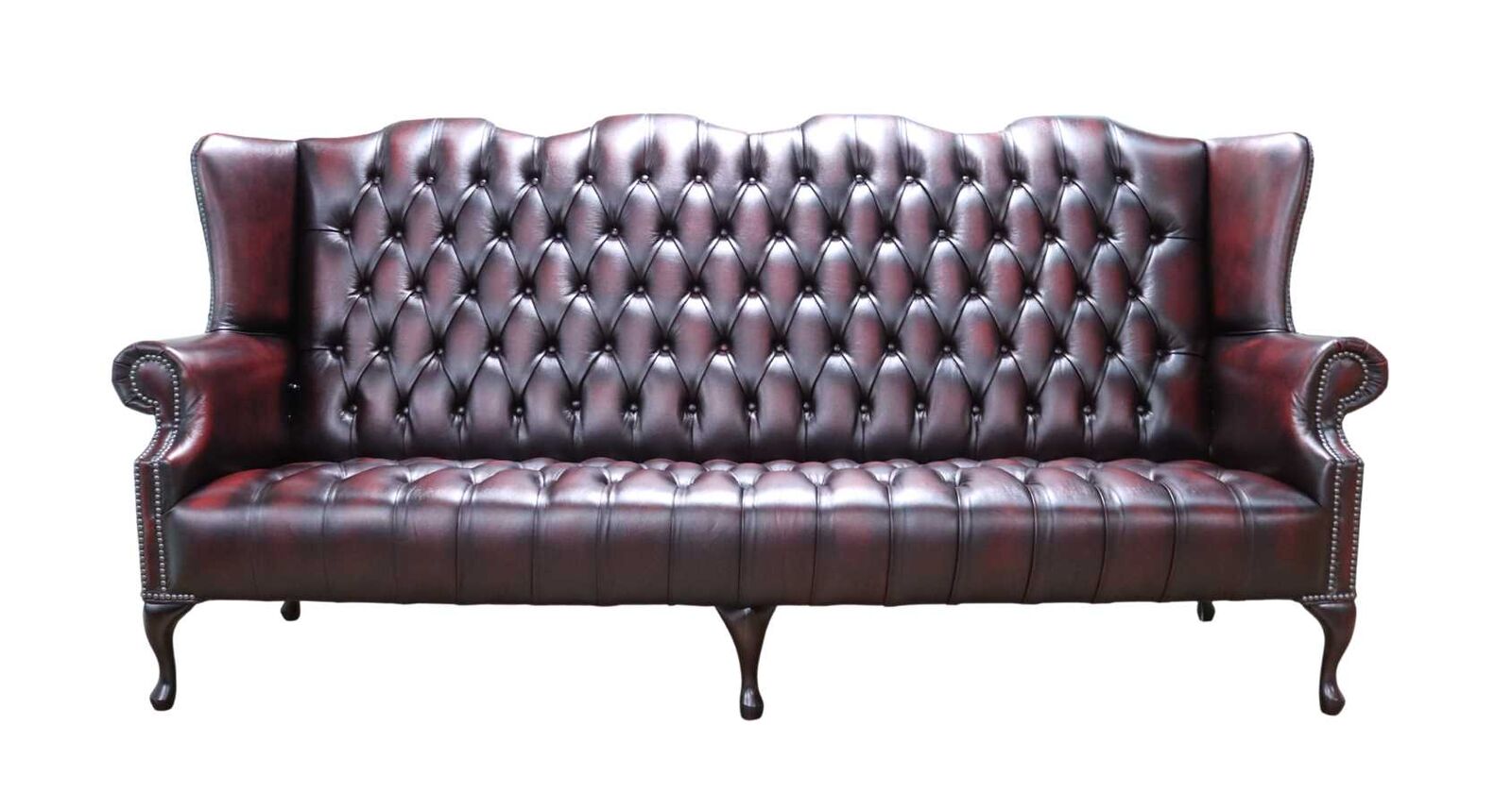 Product photograph of Chesterfield 4 Seater Buttoned Seat Sofa Antique Oxblood Leather In Queen Anne Style from Chesterfield Sofas