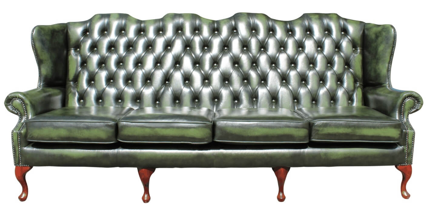 Product photograph of Chesterfield 4 Seater Flat Wing High Back Antique Green Real Leather Sofa In Queen Anne Style from Chesterfield Sofas