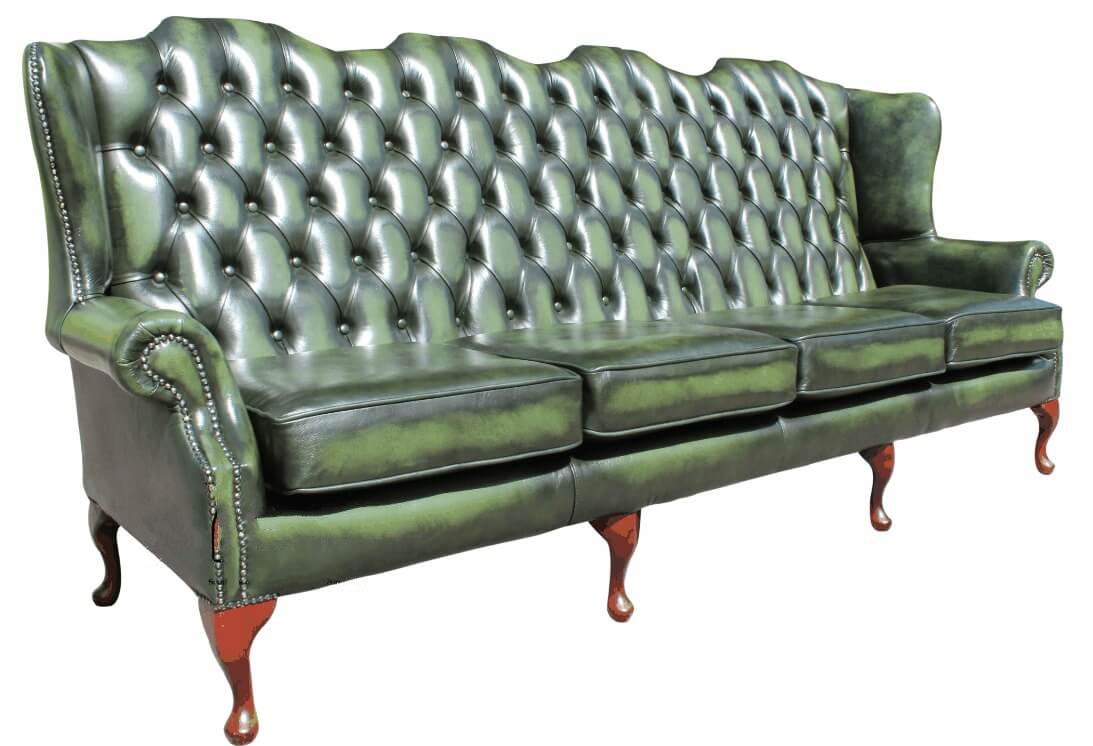 Product photograph of Chesterfield 4 Seater Flat Wing High Back Antique Green Real Leather Sofa In Queen Anne Style from Chesterfield Sofas.