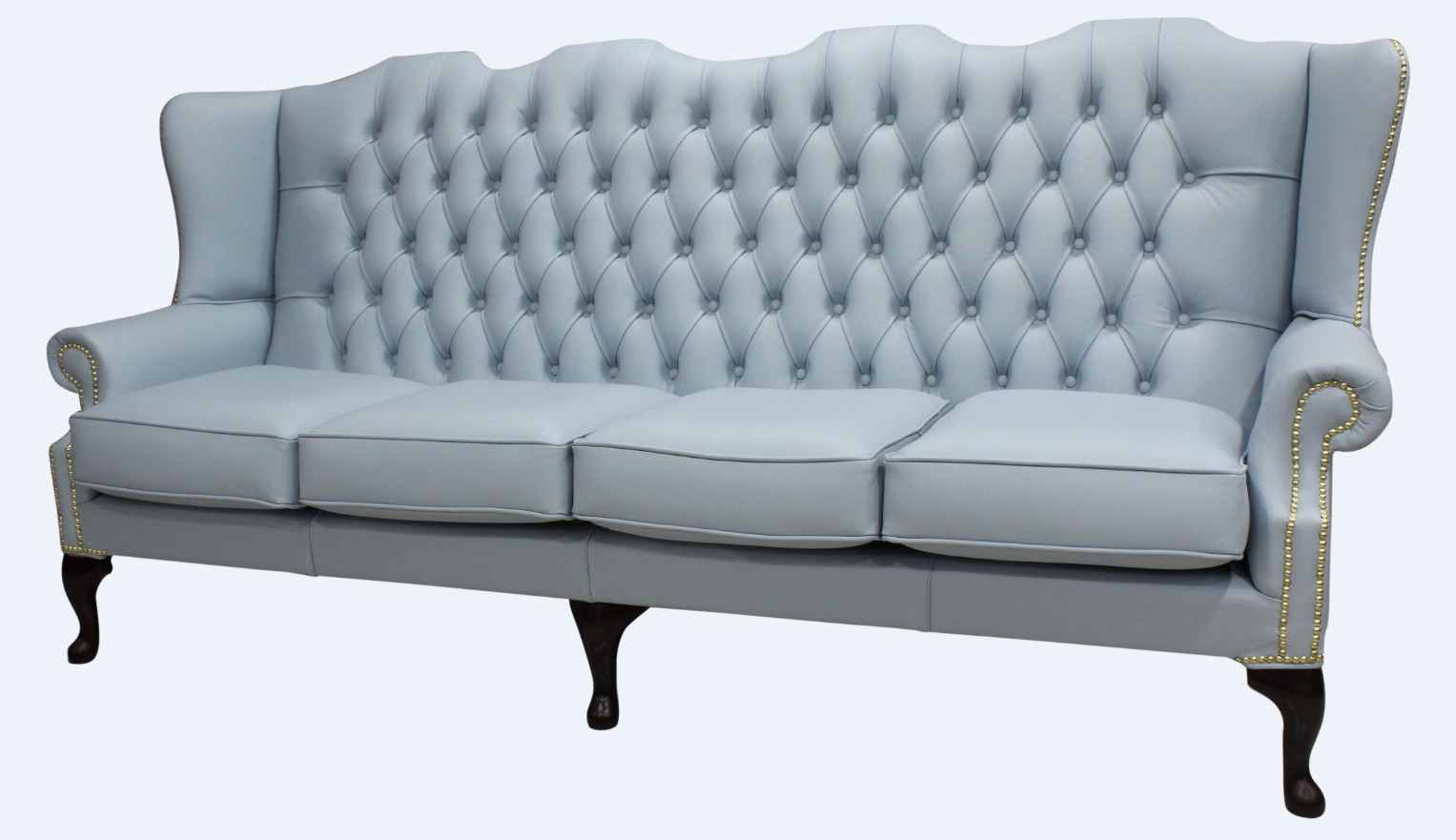 Product photograph of Chesterfield 4 Seater Flat Wing High Back Shelly Parlour Blue Leather Sofa In Queen Anne Style from Chesterfield Sofas.