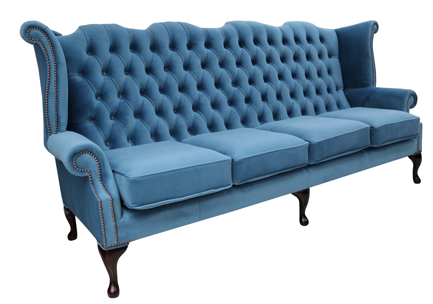 Product photograph of Chesterfield 4 Seater High Back Wing Sofa Amalfi Cadet Blue Velvet In Queen Anne Style from Chesterfield Sofas.
