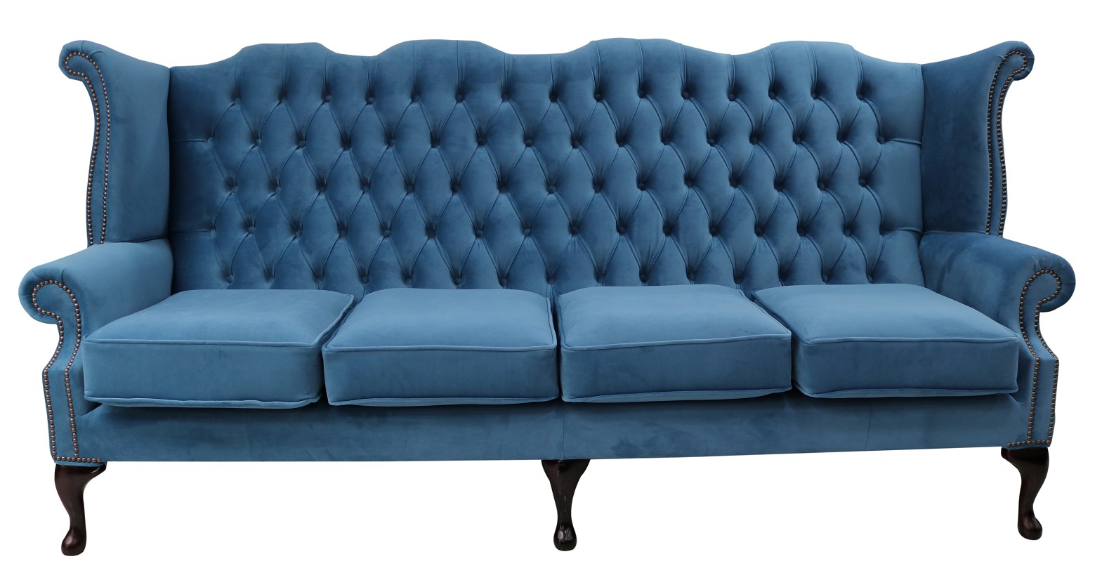 Product photograph of Chesterfield 4 Seater High Back Wing Sofa Amalfi Cadet Blue Velvet In Queen Anne Style from Chesterfield Sofas