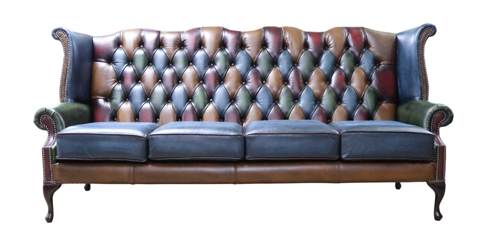 Product photograph of Chesterfield 4 Seater High Back Wing Sofa Antique Patchwork Leather In Queen Anne Style from Chesterfield Sofas