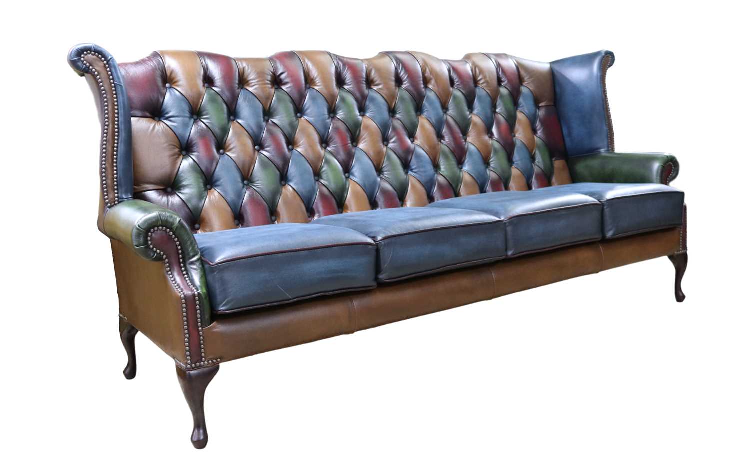 Product photograph of Chesterfield 4 Seater High Back Wing Sofa Antique Patchwork Leather In Queen Anne Style from Chesterfield Sofas.