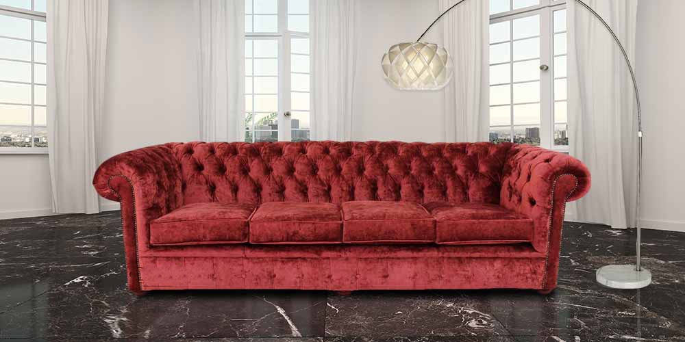 Product photograph of Chesterfield 4 Seater Sofa Settee Elegance Ruby Red Velvet Fabric In Classic Style from Chesterfield Sofas
