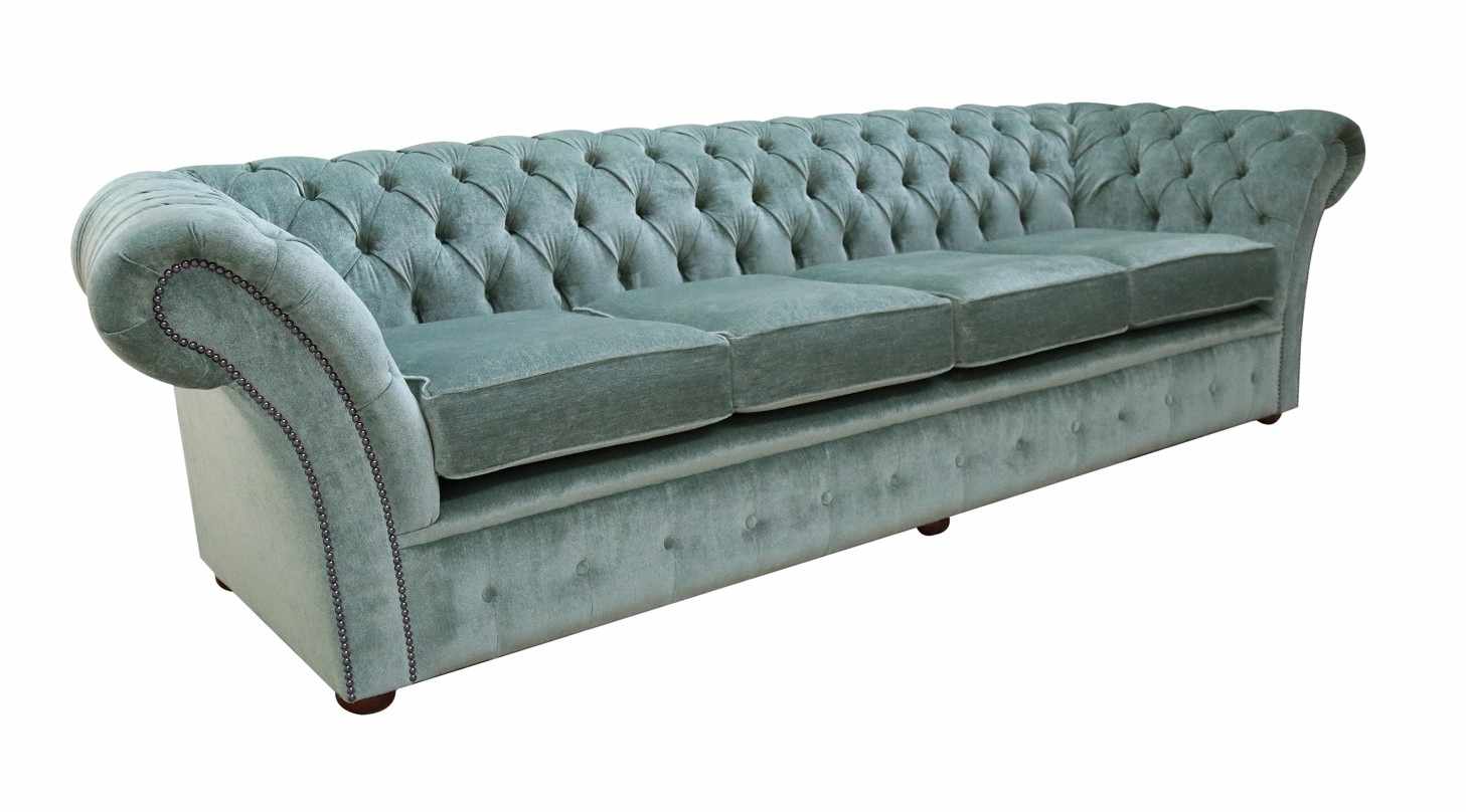 Product photograph of Chesterfield 4 Seater Sofa Settee Velluto Lawn Green Fabric In Balmoral Style from Chesterfield Sofas.