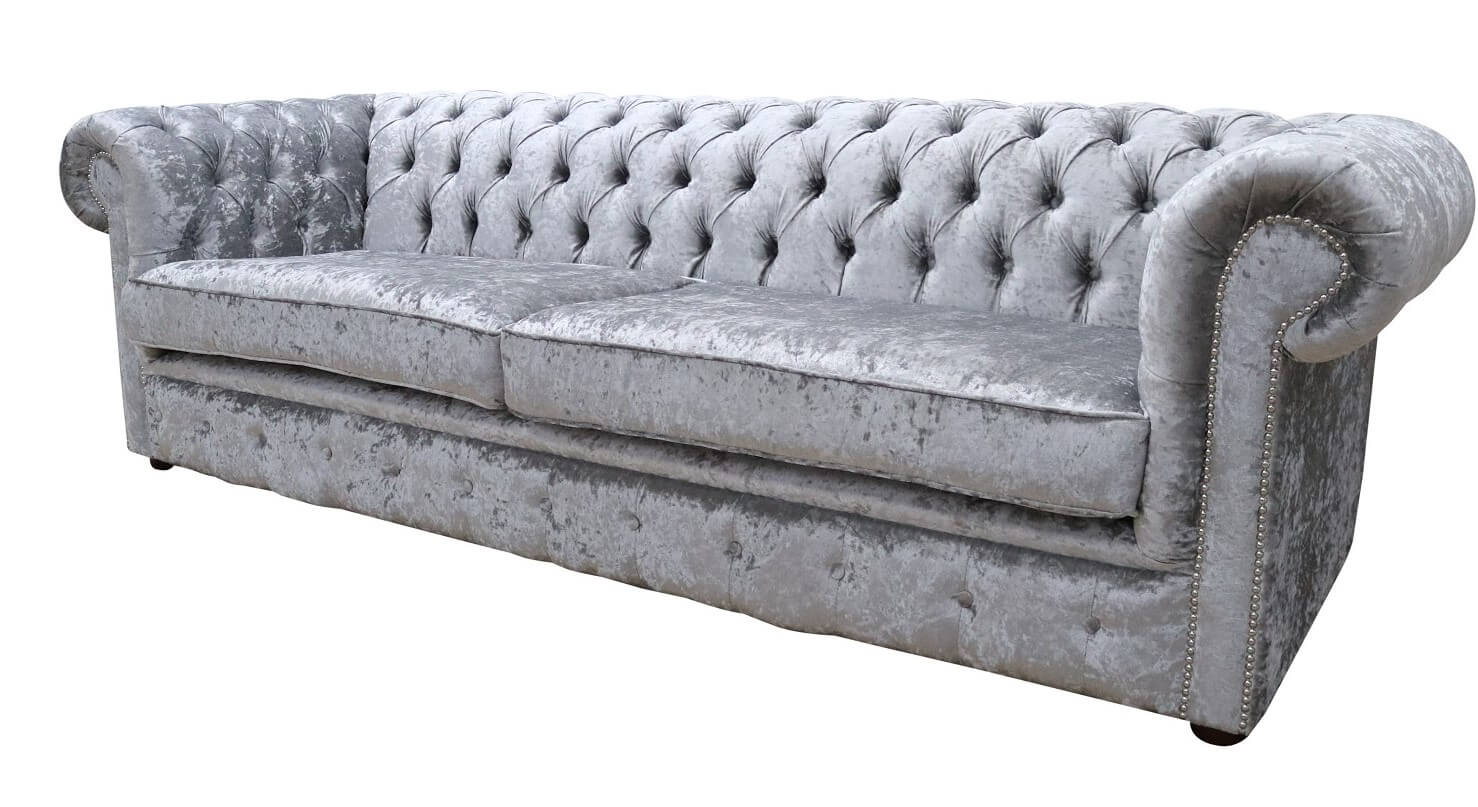 Product photograph of Chesterfield 4 Seater Sofa Shimmer Silver Velvet Fabric In Classic Style from Chesterfield Sofas.