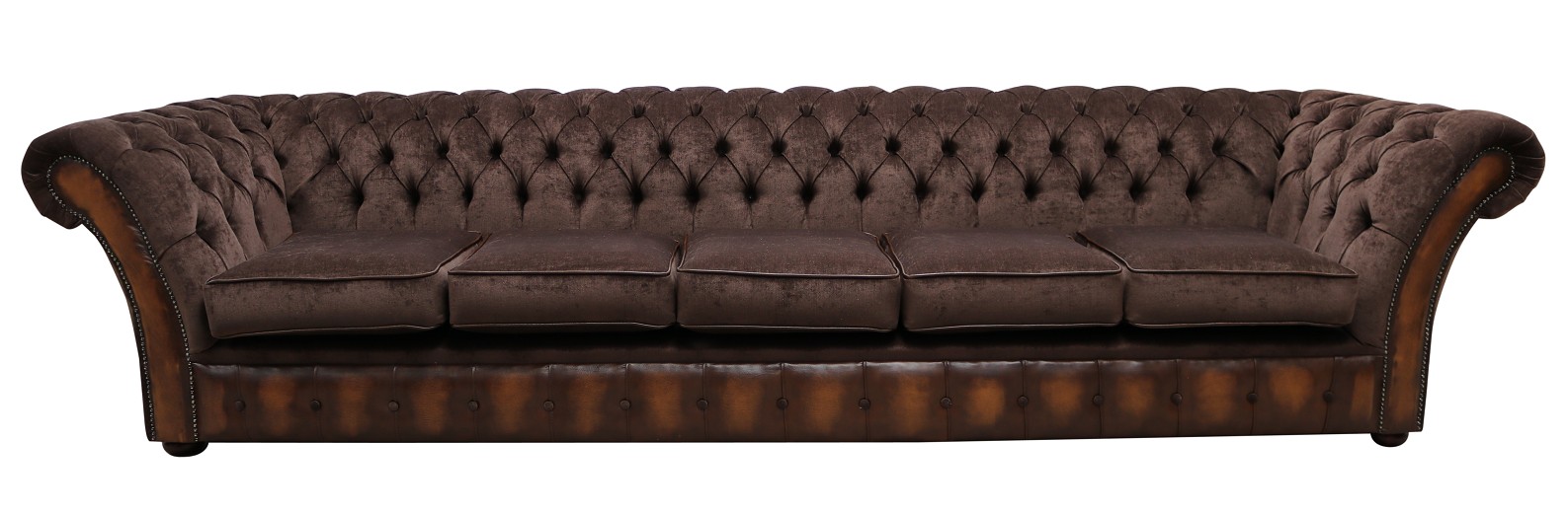 Product photograph of Chesterfield 5 Seater Sofa Antique Tan Leather Pimlico Mocha Fabric In Jepson Style from Chesterfield Sofas