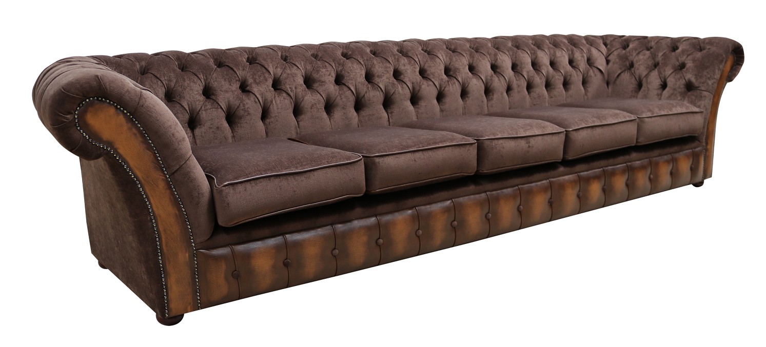 Product photograph of Chesterfield 5 Seater Sofa Antique Tan Leather Pimlico Mocha Fabric In Jepson Style from Chesterfield Sofas.
