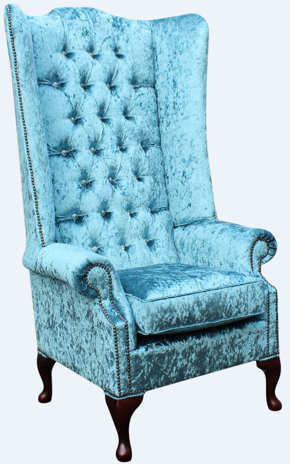 Product photograph of Chesterfield 5ft Crystal High Back Wing Chair Shimmer Aqua Blue Real Velvet In Soho Style from Chesterfield Sofas
